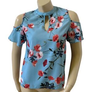 JAPNA Womens Size Small Floral Short Sleeve Cold Shoulder Keyhole Neck Top Shirt